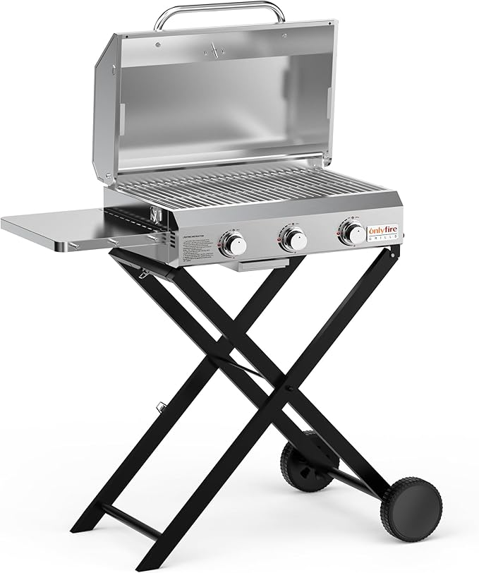 BBQ Gas Grill 3-Burner with Foldable Cart &amp Side Table Premium Portable Propane Grill with 22 Cooking Grate for Outdoor Patio Backyard Barbecue Camping Tailgating RV Stainless Steel Classic GS