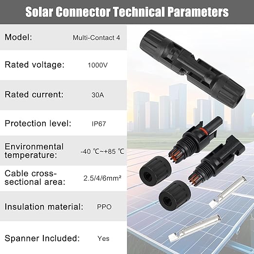 100PCS MC4 Soar Connectors Solar Panel Cable Connectors 1000V 30A IP67 Waterproof Male/Female Plug with Spanners Suitable for 14AWG-10AWG Solar Cables (50 Pairs)