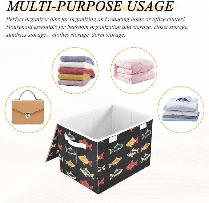 Fishes Pattern Storage Cube Bins Basket with Lid Collapsible Flip-top Fabric with Handle for Home Bedroom Closet Office 16.5×12.6×11.8 in