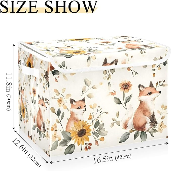 Floral Fox Storage Cube Bins Basket with Lid Collapsible Flip-top Fabric with Handle for Home Bedroom Closet Office 16.5×12.6×11.8 in