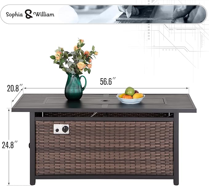 Sophia &amp William 56 Inch Gas Fire Pit Table Outdoor Rattan Propane Fire Table &amp Fireplace with Fire Glass Lid 50000 BTU Firepits for Outside Patio