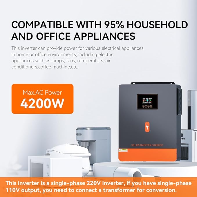 PowMr 4200W Solar Inverter 24VDC to 220-230VAC Off-Grid All-in-One Charger Hybrid Inverter with 120A MPPT Solar Charge Controller Max PV Array 6200W Work for 24V Lead Acid &amp Lithium Battery