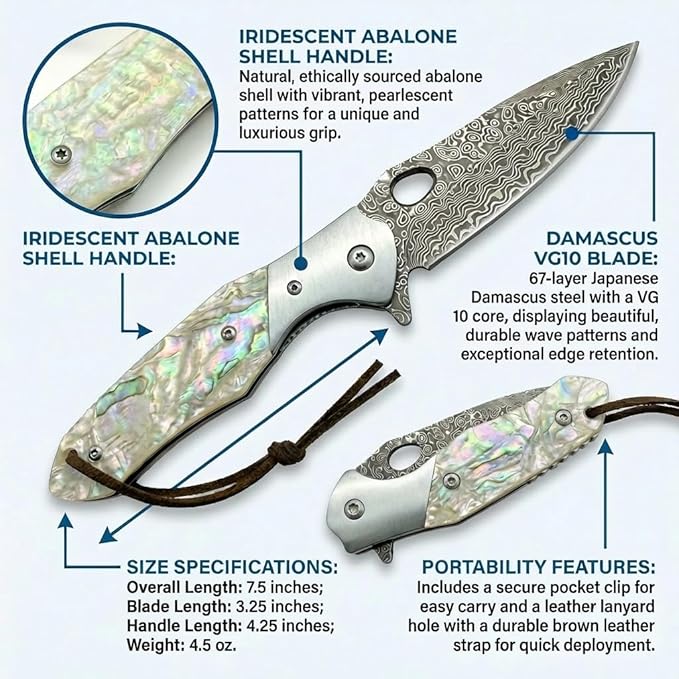 Damascus VG10 Steel Folding Pocket Knife 3.15 Blade MOP Handle EDC Knife with Mechanical Lock Pocket Clip for Men Women Camping Survival Hiking