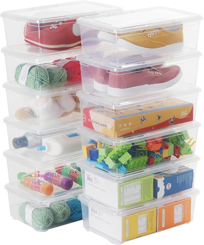 Stackable Plastic Storage Shoebox BPA-Free Nestable Container with Latching Lid to Organize Shoes See-Through Box for Home and Office Multi-Purpose Clear Bins (12 Pack 6 Quart)