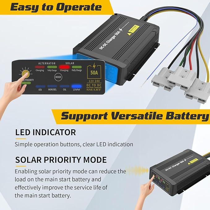 12V 50A DC to DC Charger with MPPT IP68 Waterproof Smart On-Board Battery Charger with Anderson Plug Solar and Alternator Dual Input Fits for LiFePO4 AGM STDGel Cal