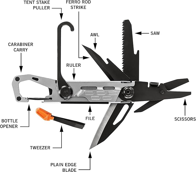 Gerber Gear Stake Out 11-in-1 Multi-tool 2.2 Plain Edge Blade Tent Stake Puller Carabiner Carry EDC Gear and Equipment Silver