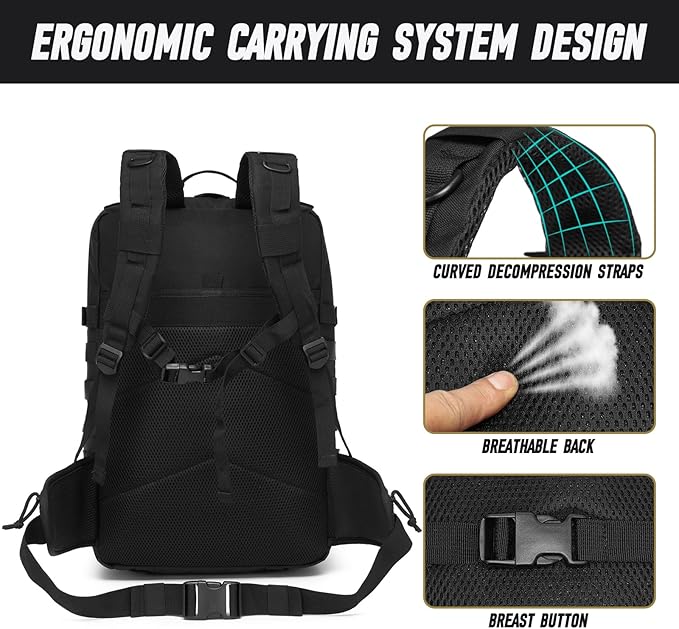 Tactical Backpack for Men Water Resistant 46L Military Backpack Large Army 3 Day Assault Pack for Hiking Camping Gym with Molle System Black
