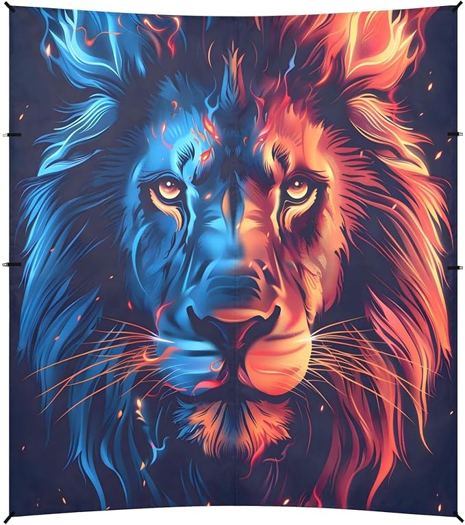 ALAZA Lion Portrait Flame &amp Ice Beach Tent Sun Shelter UPF50+ Protection Beach Shade Canopy w/ 4 Sandbags for Outdoor Camping Fishing Backyard Fun Picnic 10x9 ft