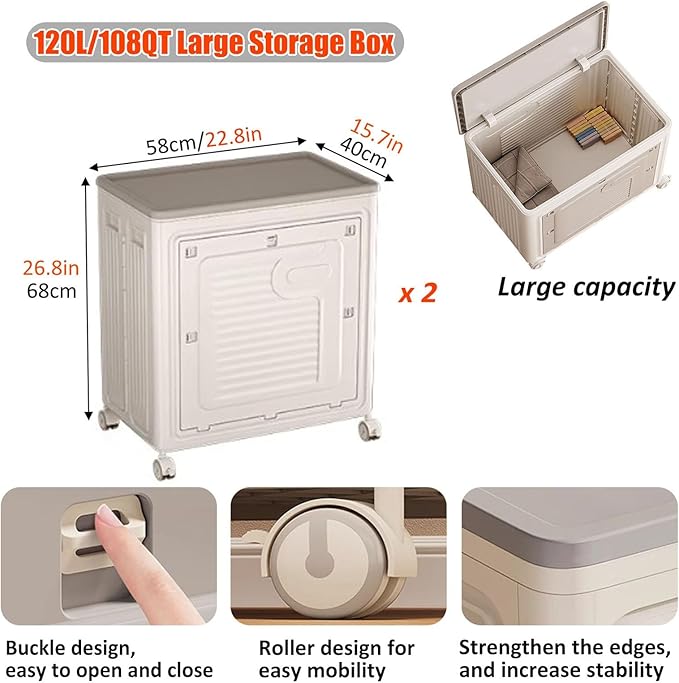 2PCS Folding Storage Bins With Lid And Wheels 120L/108QT Large Capacity Storage Organizer Clothes Storage Box For Home Office And Dorm