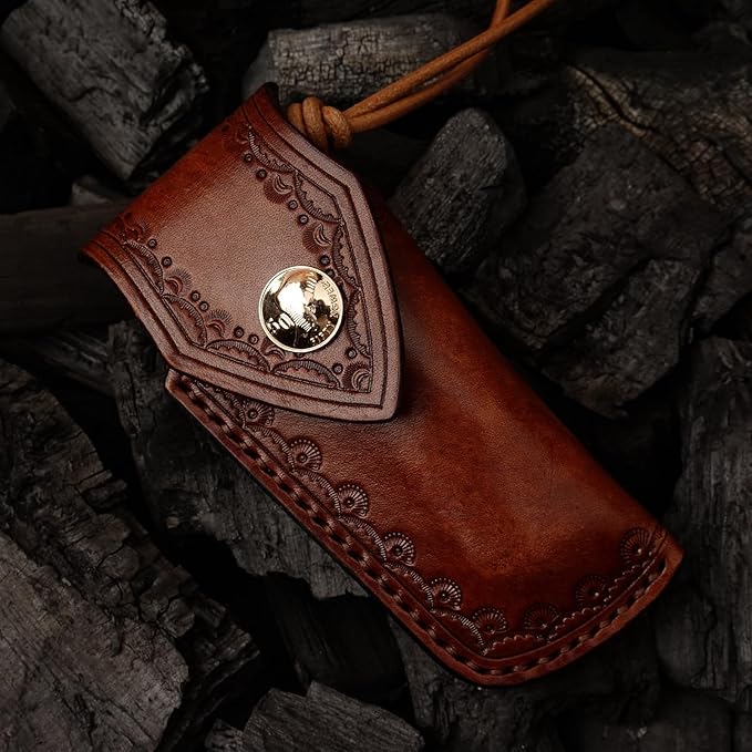 Handmade Japanese Damascus Steel Pocket Folding Knife with Leather Cover and Pocket Clip 2.87-inch Outdoor Camping Fishing Portable Pocket Knife
