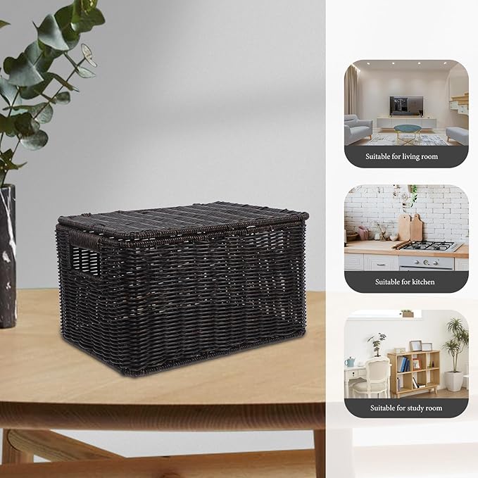 Angoily Lidded Storage Basket 33x22.5x18.5cm Simulated Rattan Woven Closet Organizer Storage Bin for Clothing