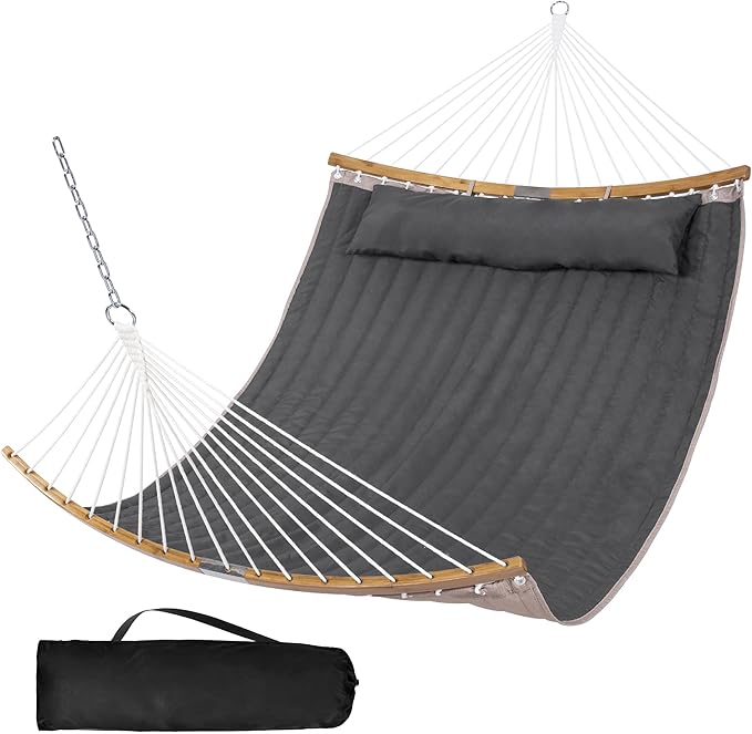 SUNCREAT Portable Double Hammock with Curved Spreader Bar 450 lbs Capacity Heavy Duty Outdoor Hammock with Outer Bag Dark Gray