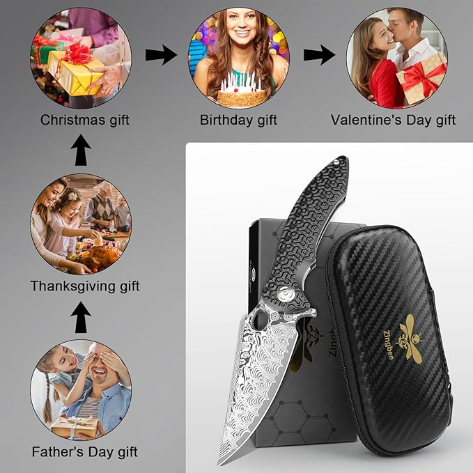 Zingbee Pocket Knife for EDC Damascus Pocket Knife with Black Aluminum Handle 3.3 Damascus Blade Pocket knives &amp Folding Knives