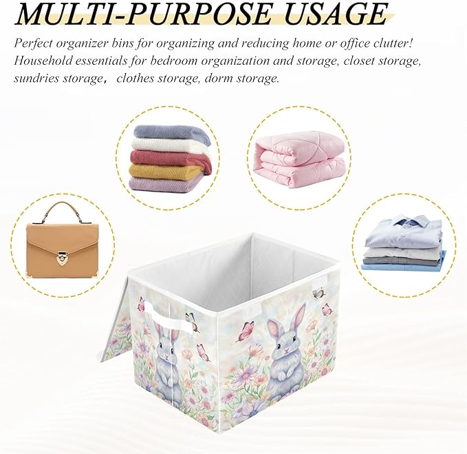 Bolaz Happy Easter Day Bunny Eggs Spring Flowers05 Storage Bins with Lids and Handles Foldable Storage Box Storage Basket with Cover Collapsible Organizer Containers for Home Closet Shelves