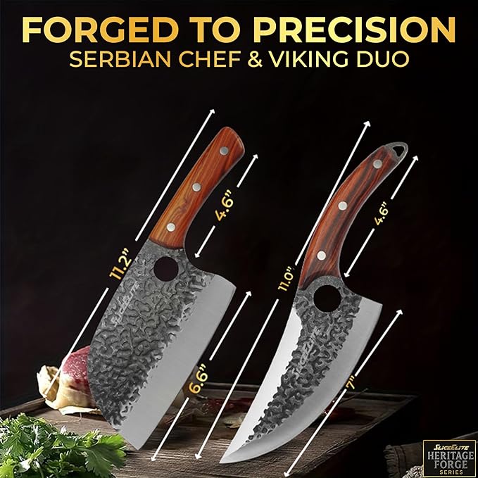 SliceElite Heritage Forge Series 2PCS Hand-Forged Serbian Chef &amp Viking Duo Kitchen Tool Meat Cleaver Chopping Knife Outdoor Cooking BBQ Butcher Set Forged Cooking Knives Great Knife for Men and W