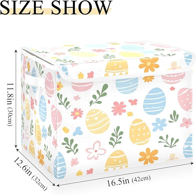 Christmas Storage Baskets with Lids Colorful Easter Egg Collapsible Bins Stackable Fabric Linen Baskets Closet Organizer Container 16.5x12.6x11.8