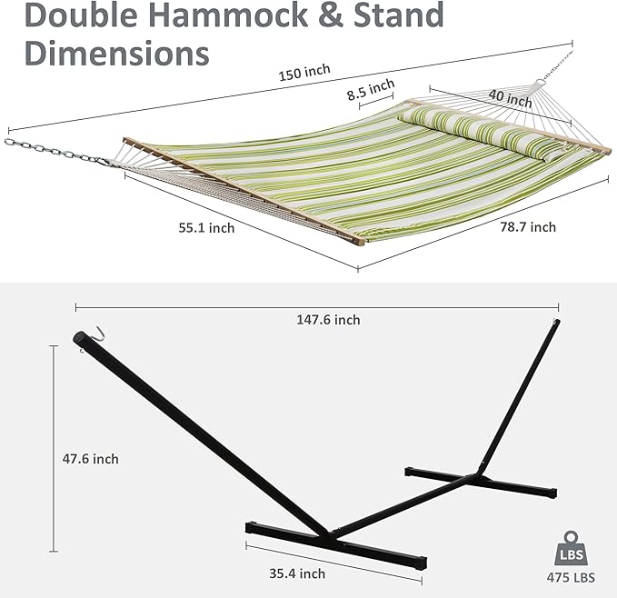 SUNCREAT Portable Double Hammock with Stand 475 lbs Capacity Heavy Duty Two Person Hammock with Stand Included Green Stripe