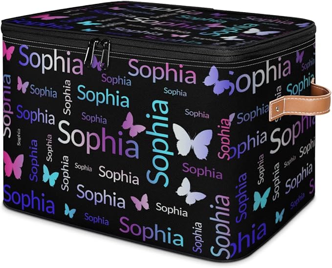 Custom Storage Bins with Zipper Lid Personalized Purple Pink Green Butterfly Fabric Lidded Storage Baskets Boxes Foldable Cubes Clothes Organizer Container