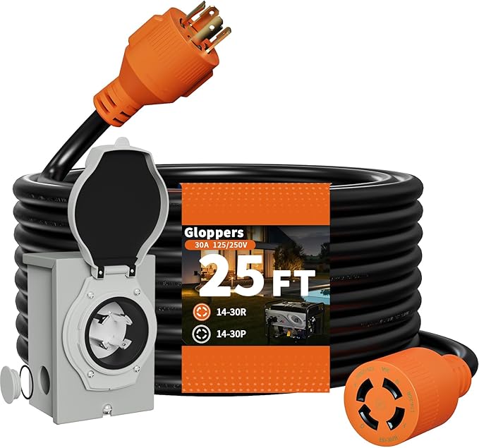 30 Amp Generator Cord and Power Inlet Box 25FT 125V/250V 4 Prong SJTW Generator Extension Cord Pre-Drilled 30 Amp Inlet Box Interlock Kit NEMA L14-30P to L14-30R Twist Locking ETL Listed