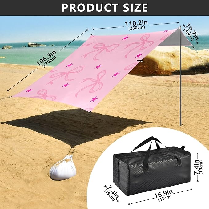 ALAZA Bow Stars Pink Beach Tent Sun Shelter Portable Canopy Sunshade for Outdoor Camping Picnics Backyard Fun 10x9 ft