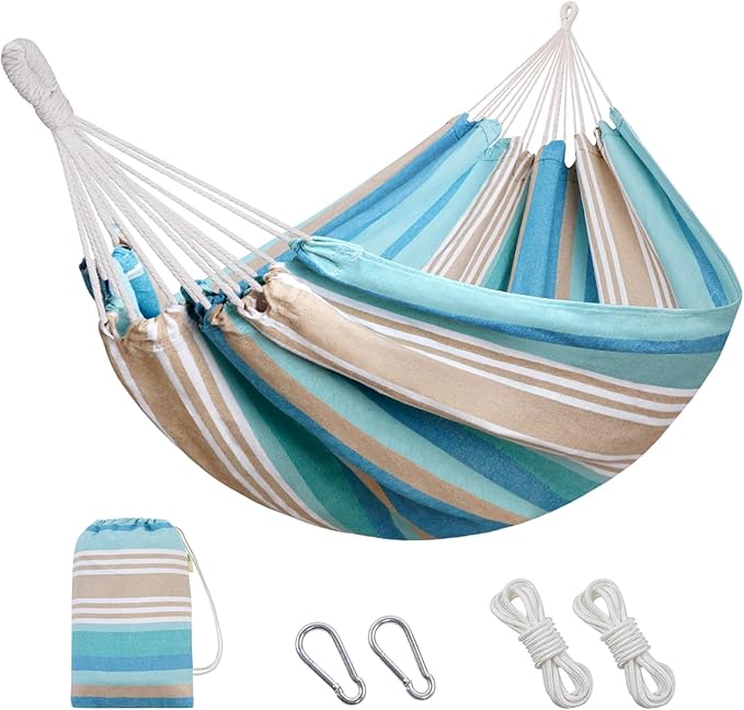 Brazilian Hammock with Tree Straps - Canvas Hammocks Portable Hammock with Carry Bag for Backyard Porch Outdoor and Indoor Use Blue &amp Green