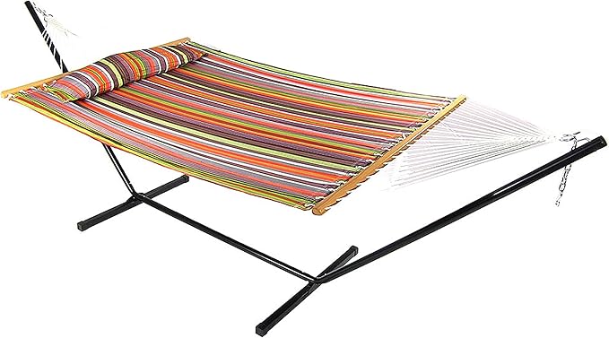 Sunnydaze Quilted Double Hammock with Stand for Outside - 350-Pound Capacity 2-Person Hammock with Stand - 12-Foot Stand - Canyon Sunset