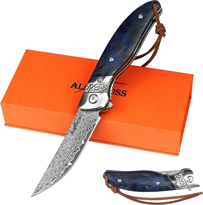ALBATROSS Premium Damascus Folding Pocket Knife - EDC with Blue Fluorescent Carbon Handle Ball Bearing Assisted Opening Liner Lock for Camping Hunting - HGDK028-BE