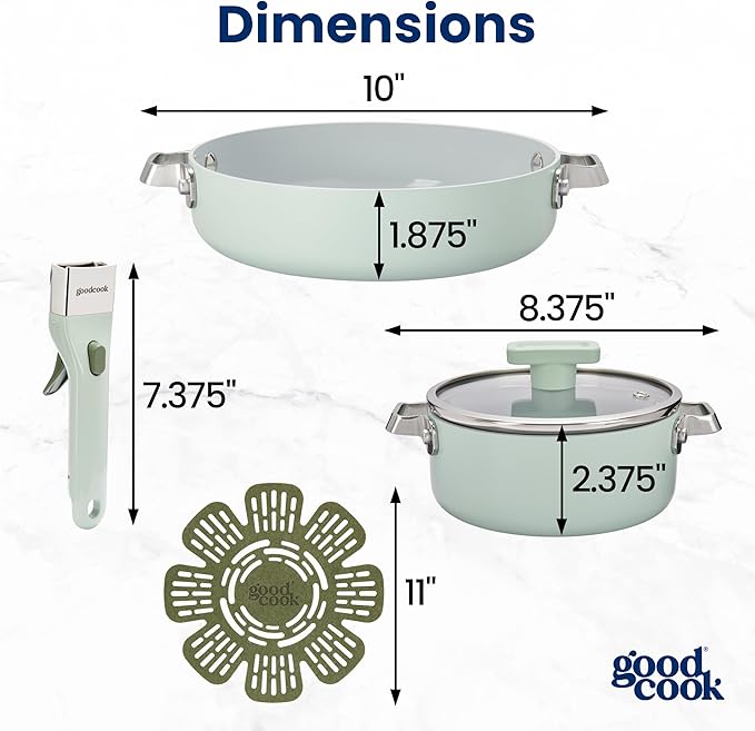 GoodCook Ceramic Cookware Set 5-Piece with Removable Handle Induction Compatible Nonstick and Oven Safe with 8-Inch Frypan Sage Green