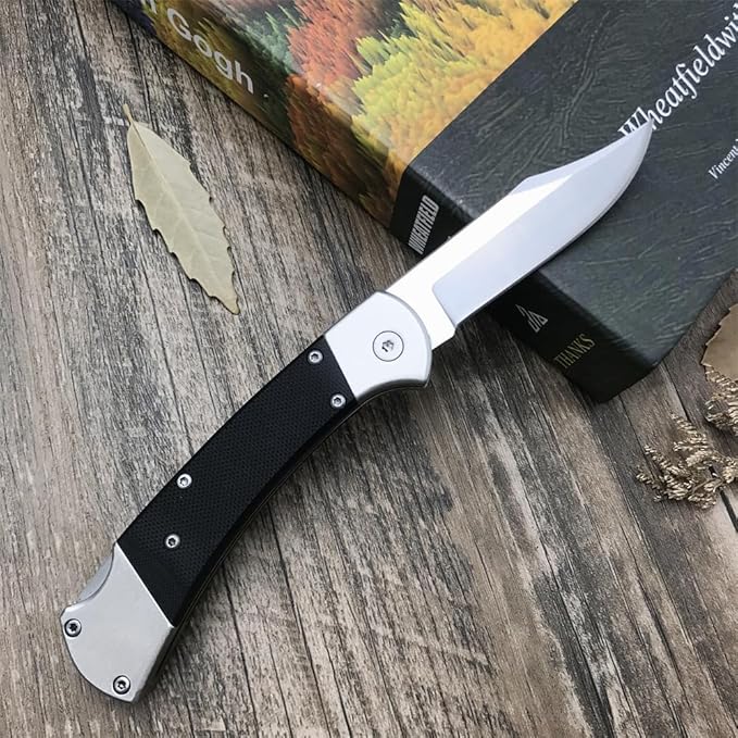 HUAAO Manually Operated Button-Lock Knife Folding Knife 440C Stainless Steel Blade Back lock G10 Handle with Leather Sheath EDC Pocket Knives for Men (Black)