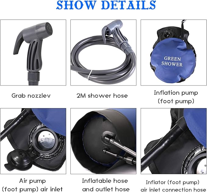 Portable Camping Shower Bag Special Nozzle 12L/3.17 Gallons Solar Shower Water Bag for Outdoor Shower wash feet wash Hands and car etc.Suitable for Hiking Camping