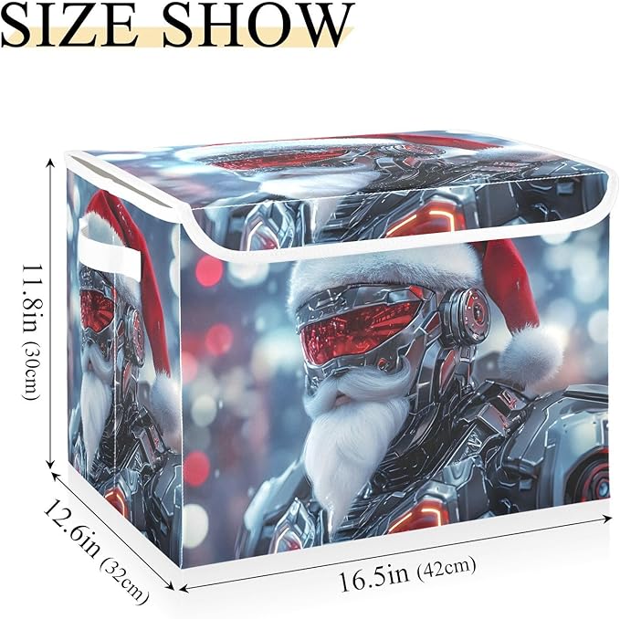 Cyber Santa Christmas Storage Cube Bins Basket with Lid Collapsible Flip-top Fabric with Handle for Home Bedroom Closet Office 16.5×12.6×11.8 in