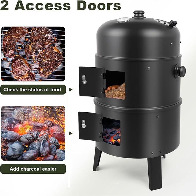 Charcoal BBQ Smoker 16 Inch Heavy Duty Grill with 2 Cooking Area and Thermometer 4 In 1 Vertical Smokers Grill for Outdoor Camping Backyard Picnic Party
