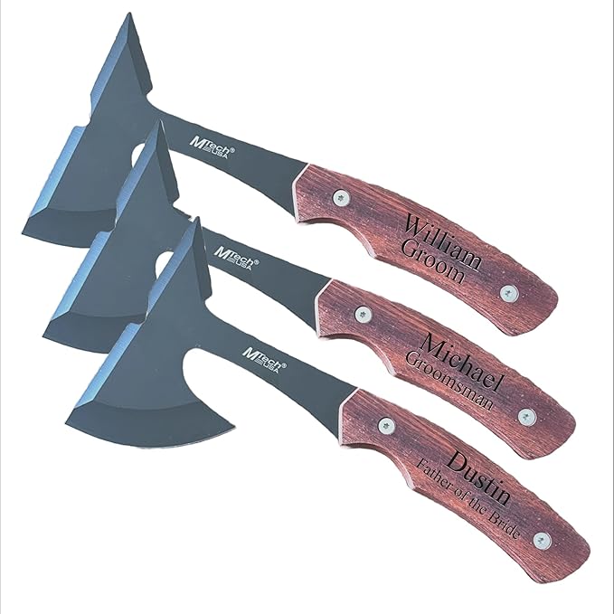 Generic Groomsmen Gifts-Set of 3 -Bulk Purchasing Discoount-Personalized Axes Custom Engraved Hatches for Wedding Party Favors Black Blade Brown handle MT-001