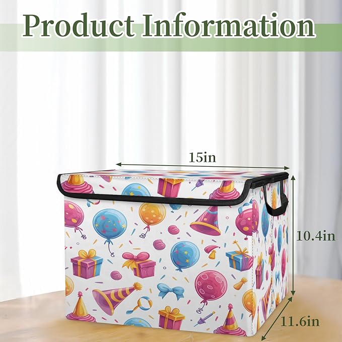 Happy Birthday Storage Basket with Lid Birthday Theme Foldable Storage Box Fabric Storage Bins with Carrying Handles for Home Bedroom Closet Organization