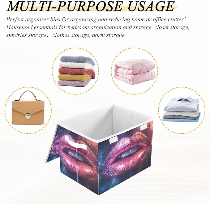 Shining Lip Storage Cube Bins Basket with Lid Collapsible Flip-top Fabric with Handle for Home Bedroom Closet Office 16.5×12.6×11.8 in