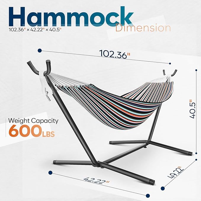 Hammock with Stand for Outside 600lbs Portable Hammock with Carrying Bag for 2-Person Outside Patio Heavy Duty Easy Assembly