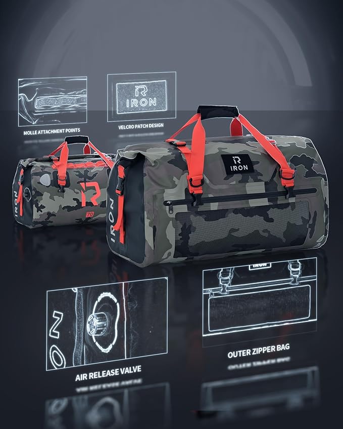 BORLENI Waterproof Motorcycle Dry Duffel Bag Luggage Tail Bag with Large Storage SpaceRoll Top Closure Shoulder Straps Inner Pocket and Mesh Pocket for Motorcycling Travel Camping(Camouflage70L)