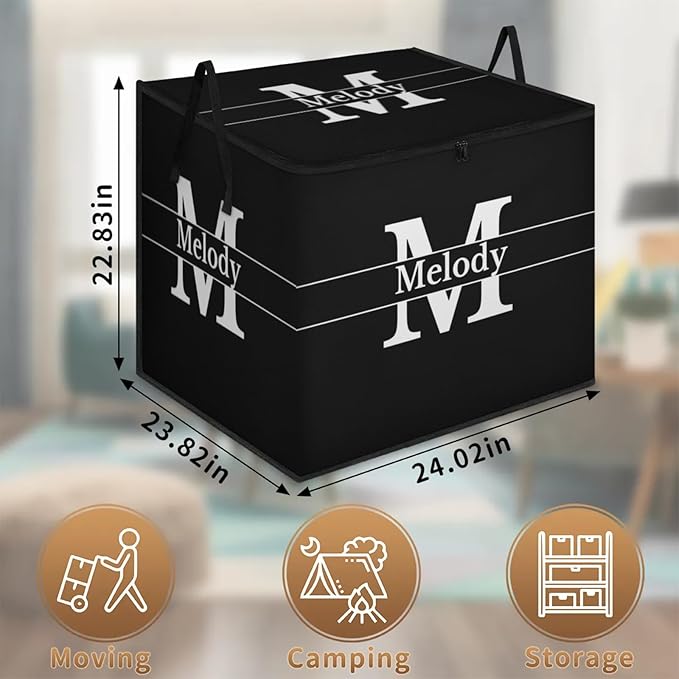 Custom Name Storage Bin with Lid Personalized Extra Large Black Storage Basket with Handles Zippers for Organizing Comforters Blankets Bedding Closet Shelf Baskets Initial Letter