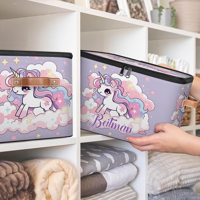 Storage-Bins with Lids Handle Customized Stackable-Storage-Bin for Kids-Boys-Girls-Toys Cube Collapsibl Basket Purple Unicorn