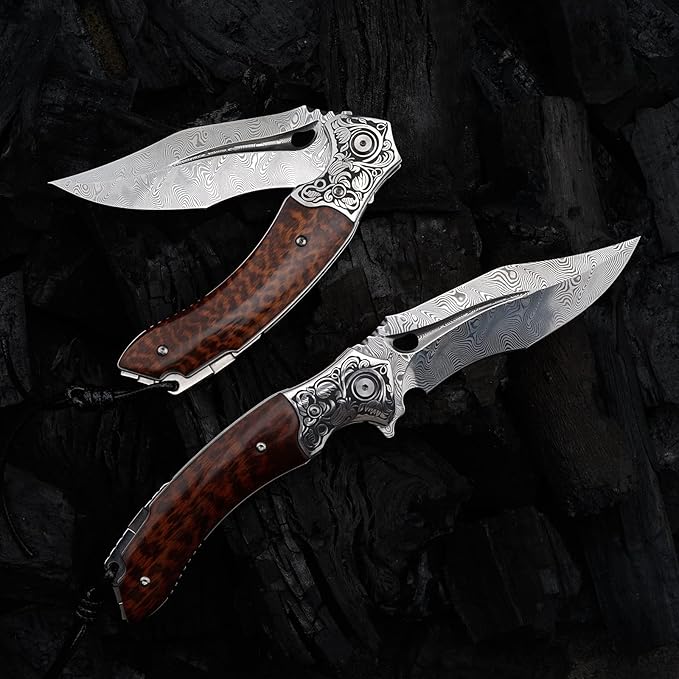 Japanese VG 10 Damascus Steel Folding Knife Outdoor Wilderness Survival Pocket Knife Snake Wood Handle Lined Lock Leather Sheath EDC Pocket Knife