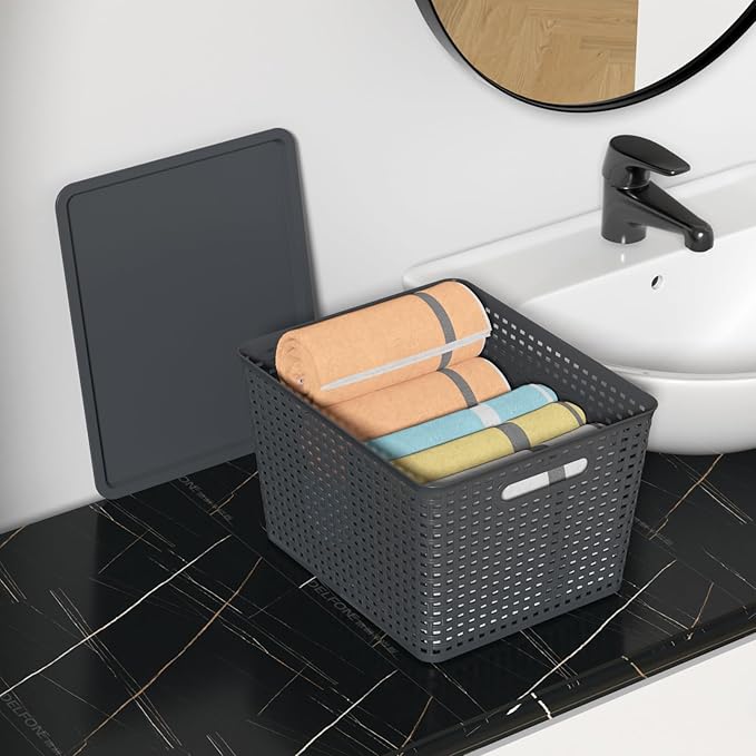 20 Quart Plastic Weave Storage Basket Bin with Lid Large Stackable Baskets 6 Packs