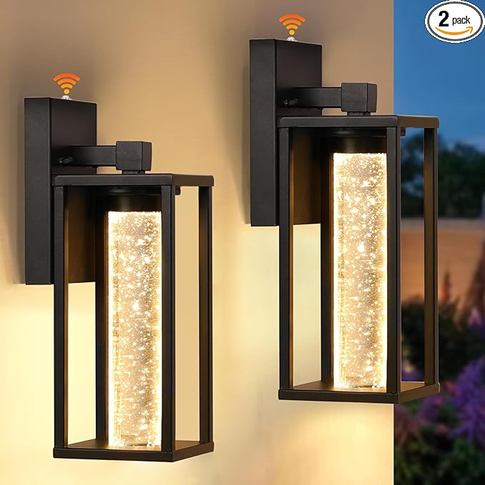 WIHTU Dusk to Dawn Porch Light Sensor Outdoor Light Fixture for House with Crystal Bubble Modern Matte Black Exterior Lighting Fixtures 2 Pack Outside Lanterns for Garage Entryway