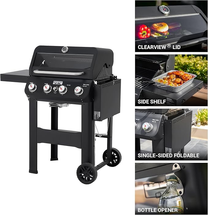 Monument Grills 4-Burner Liquid Propane Gas Grill Matte Black Stainless Steel Burner Grill with Clearview® Lid and One Foldable Shelf for Outdoor Cooking Kitchen Patio Backyard Barbecue Mesa420MF