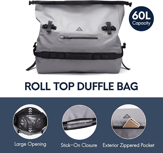 Haimont Large Waterproof Duffel Backpack Roll-Top Heavy Duty Dry Duffle Bag for Boating Travel Motorcycle Kayaking Camping 60L