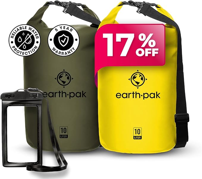 Earth Pak Waterproof Dry Bag - Roll Top Waterproof Backpack Sack Keeps Gear Dry for Kayaking Beach Rafting Boating Hiking Camping and Fishing with Waterproof Phone Case
