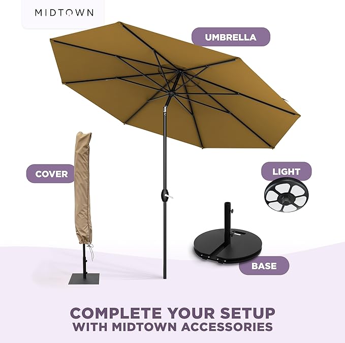 Midtown Umbrellas 10-Year-No-Fade - 8 Ft - UV Proof Sand (Tan) Polyester Fabric - Umbrella Outdoor Patio Auto-Tilt Aluminum Frame Patio Umbrella for Garden Pool &amp Deck - Black Pole