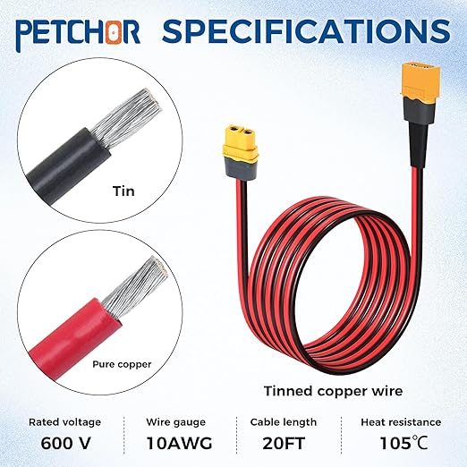 10AWG XT60 Extension Cable 20FT Heavy Duty Tinned Copper Wire XT60 Integrated Cable with Male to Female Connector for RC Battery Solar Panel Portable Power Station