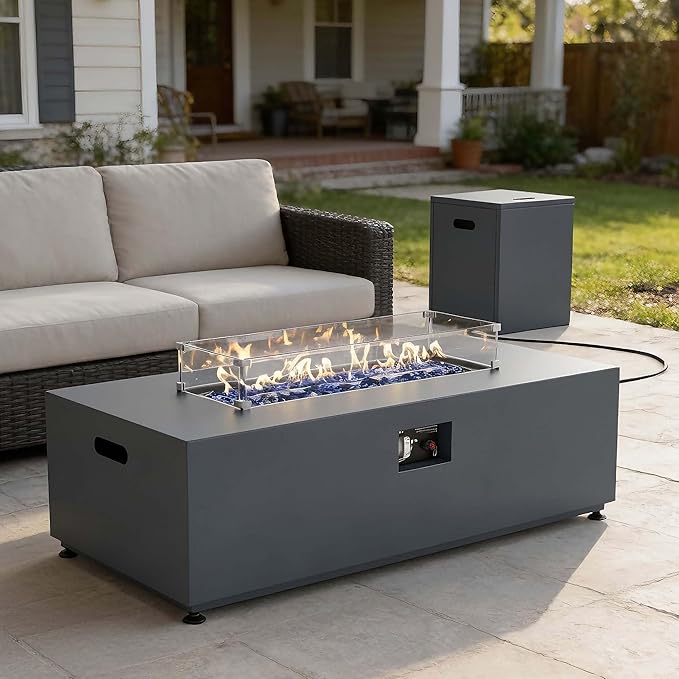 42 Inch Gas Fire Pit Table 55000 BTU Propane Fire Pits for Outside with Aluminum Lid and Waterproof Cover 2 in 1 Firepit Table