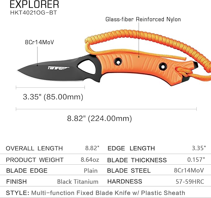 TONIFE Explorer Fixed Blade Knife with Sheath 8Cr14moV Multifunctional Survival Knife Blade with Fiberglass Reinforced Nylon Handle for Outdoor EDC Knife