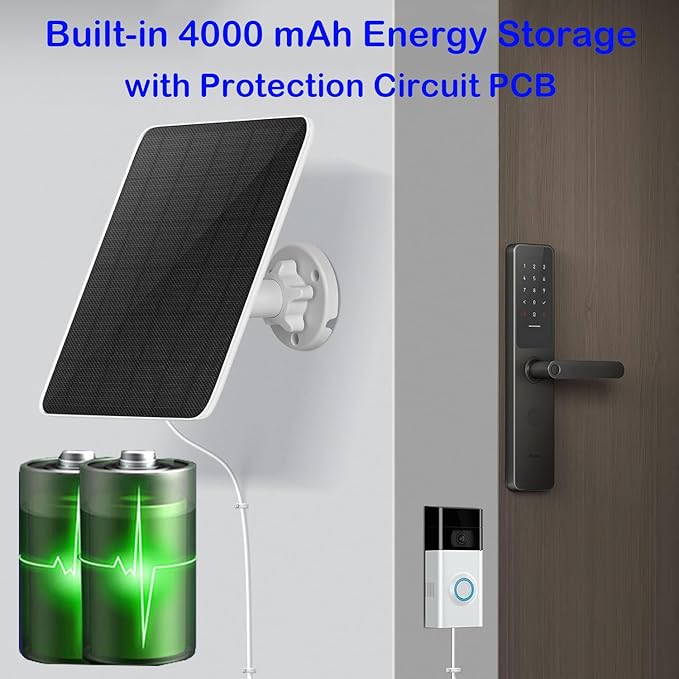 Solar Charger for Ring Doorbell with Built-in Energy Storage – Solar Panel Compatible with Ring Battery Doorbell Pro/ Plus and Video Doorbell 4/ 3 Plus/ 3 Weatherproof Continuous Charging